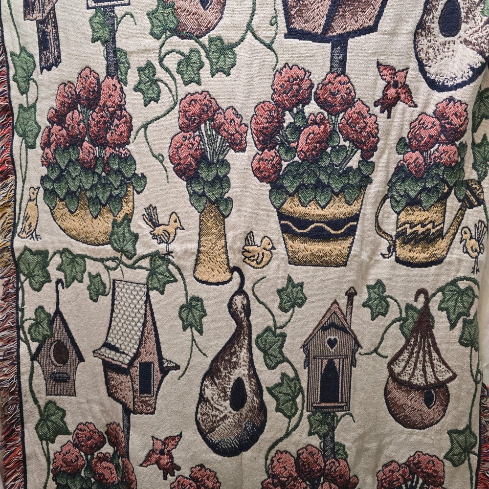 Vintage Cottagecore Birds Flowers‎ Birdhouses Woven Throw Blanket